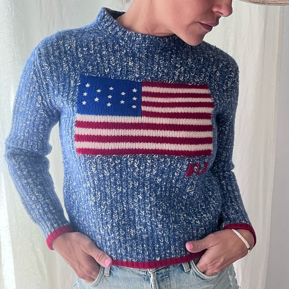 Polo Ralph Lauren USA Flag Patriotic Wool Knit Womens Sweater Med Vintage - Picture 14 of 16